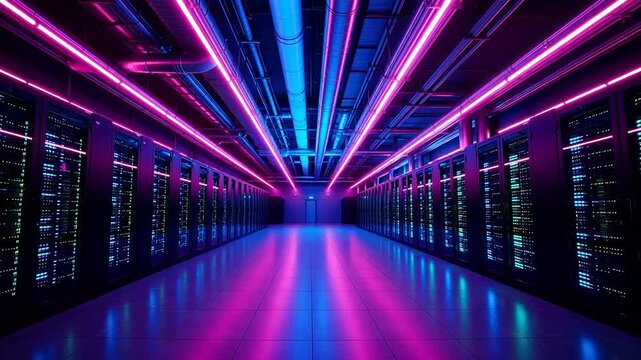 Server room with neon lights