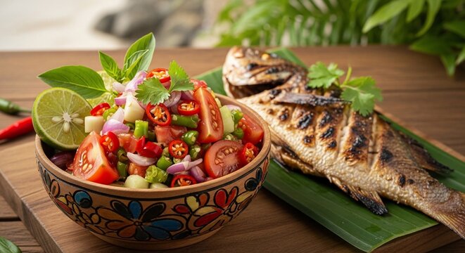 Grilled fish and salad dish