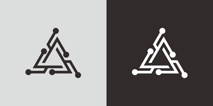 Abstract triangle logo design with circuit board elements on two backgrounds.