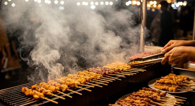 Grilled food cooking outdoors
