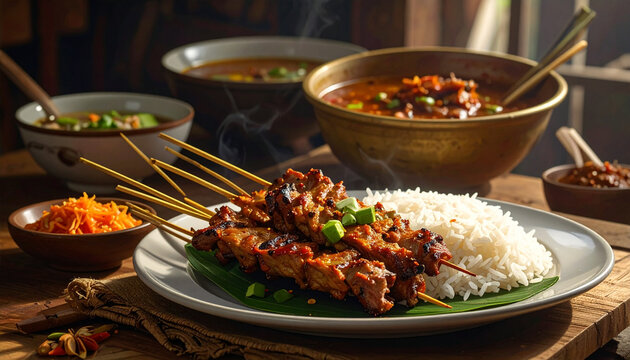 Grilled meat and rice dish with side dishes