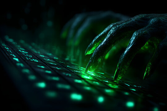 Monster hands typing on glowing green keyboard in dark room.