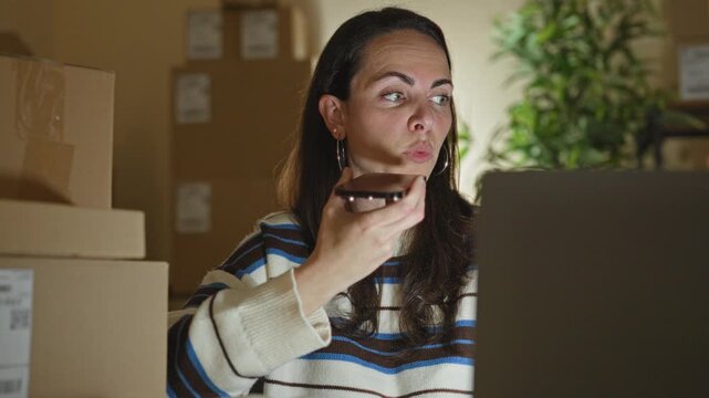 Woman holding smartphone to mouth while speaking into phone at laptop amid stacked shipping boxes in a building; small business determination.