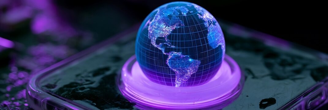 Futuristic glowing earth hologram on a dark background with purple light.