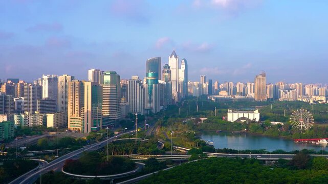 Scenery of Haikou International Trade CBD and Binhai Overpass in Hainan, China