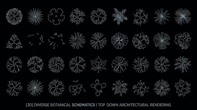 Set of 30 diverse botanical schematics for top down architectural rendering
