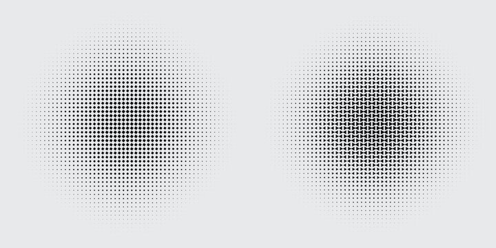 Black radial optical graphics with halftone discs, dotted fades, and modular geometric accents creative abstract pattern eps10