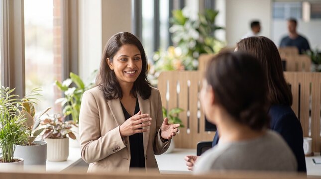 Confident businesswoman speaking with colleagues in modern office with plants and natural light