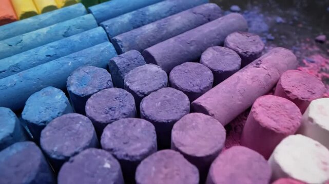 Rows of colorful sidewalk chalk arranged by hue.