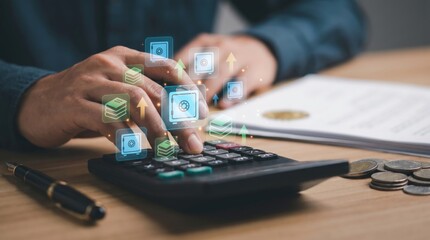 Fototapeta premium Hands Using Calculator with Scholarship Document and Coins Amid Glowing Safe Book and Growth Holograms