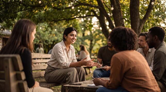 Young adult woman speaking with small diverse group seated on wooden benches in outdoor park setting with string lights and trees, warm evening atmosphere and engaged expressions