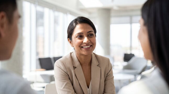 Smiling businesswoman in beige blazer talking with colleagues in modern office, warm professional expression and natural light