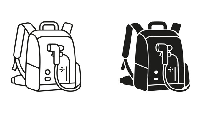 Professional vector icon set of portable backpack sprayer for gardening or disinfection equipment in clean outline and solid black style isolated on white