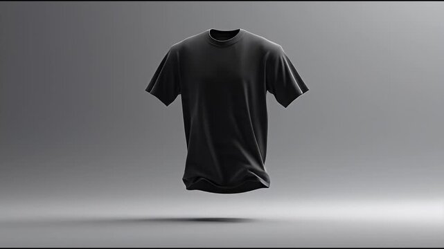 Minimalist Black T-Shirt Mockup Featuring Floating Fabric Texture on a Neutral Grey Studio Background