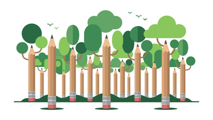 Pencil Forest: A whimsical forest composed of giant pencils with green canopies, symbolizing creativity and environmental growth, invites imagination and inspiration. © hafeza
