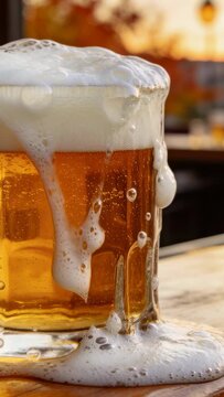Vertical video: Overflowing foam on clear beer mug, flowing down side and pooling on wooden table