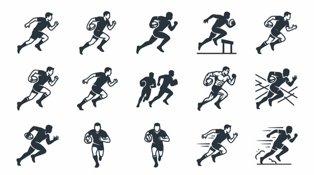 Black silhouettes of men playing football.