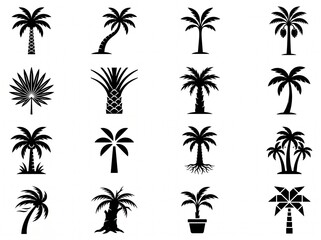 Fototapeta premium Collection of various palm tree silhouettes illustrating tropical plant types for summer vacation design elements and nature themes in black vector icons with tropical
