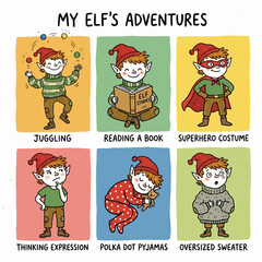 Fototapeta premium Collection of little elf activities and adventures illustrations.
