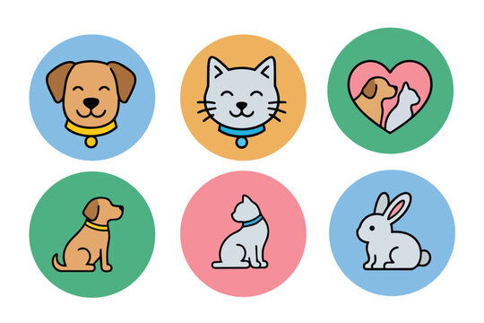 Set of pet graphic button icons illustrated in vector with dog, cat and rabbit drawings