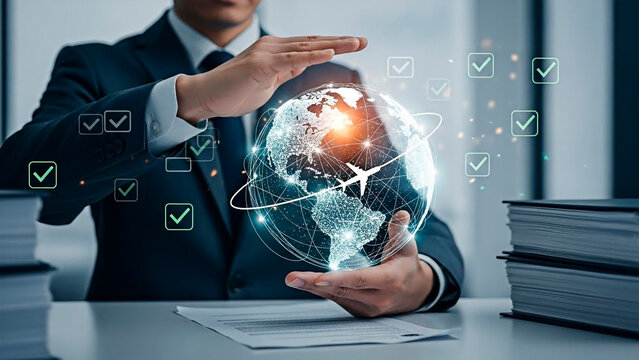 Business professional holding a digital globe with airplane route for the concept of global business and travel.