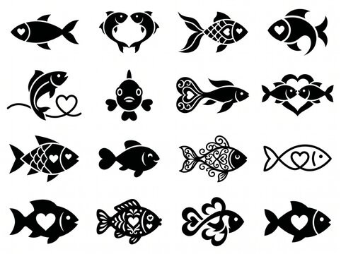 Collection of decorative heart shaped fish icons and symbols with silhouette valentine graphics decorative isolated illustration creature swimming collection
