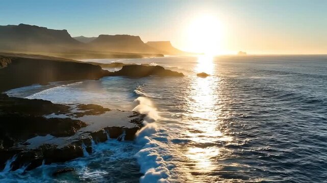 Golden sunbeams illuminate crashing ocean waves against rugged coastal cliffs at sunrise.
