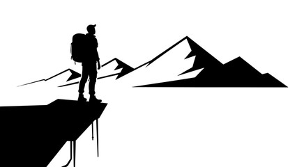 Fototapeta premium Hiker silhouette, mountain landscape, adventure travel, outdoor exploration, black icon