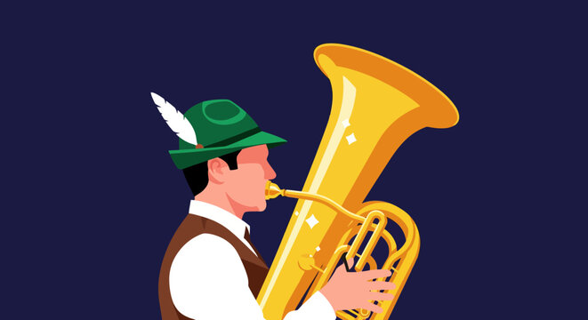 Man in Traditional Bavarian Hat Playing Tuba.
