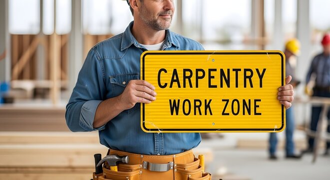 A construction worker holding a Carpentry Work Zone sign for the concept of construction and skilled labor.