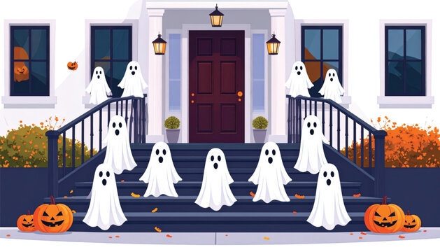 Group of white ghosts on steps.