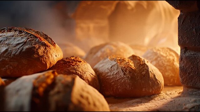 Freshly Baked Artisan Sourdough Bread Loaves in a Traditional Rustic Stone Oven with Warm Golden Lighting
