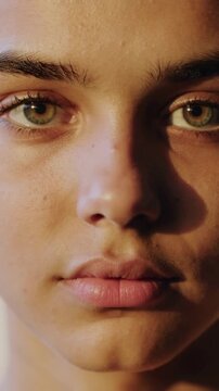 Vertical video: Blinking adolescent face refocusing gaze in studio after close-up hold, warm light