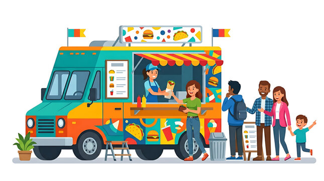 Food truck with a queue of customers waiting to buy fast food, vector illustration