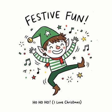 Excited christmas elf dancing with festive confetti and musical notes.