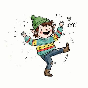 Excited elf boy dancing in winter clothes with joy and happiness.