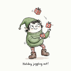 Obraz premium A cheerful elf in a green sweater and striped leggings juggles three red and white striped gift boxes.