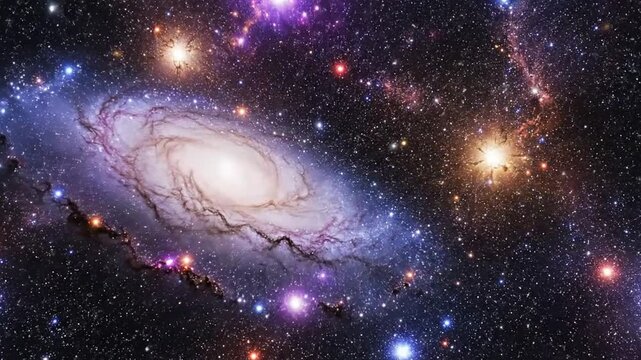 Spiral galaxy with bright central core and surrounding stars in a vast dark expanse of the universe Keywords: galaxy, spiral, space, universe, stars, cosmos, astronomy, celestial, cosmic