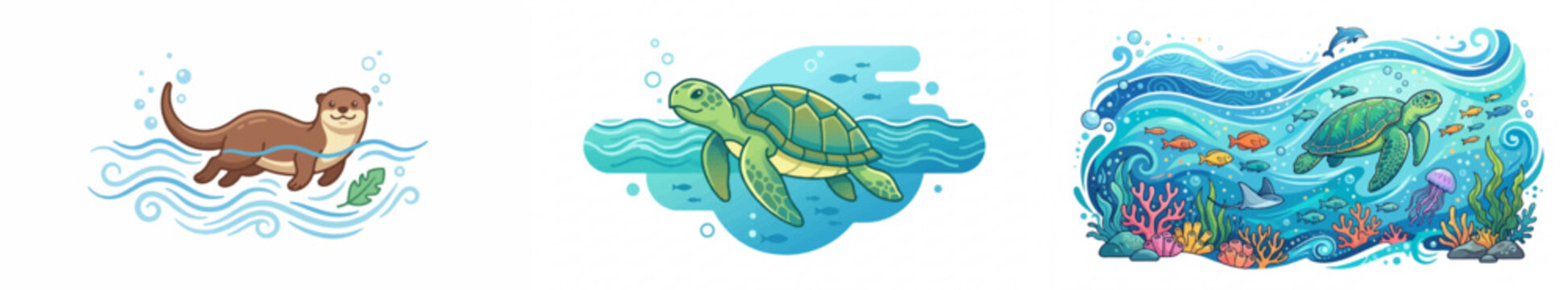 Cartoon otter, sea turtle, and coral reef underwater scene illustration