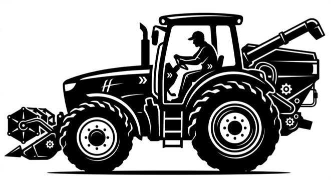 A detailed black and white vector silhouette of a modern combine harvester tractor isolated on a white background. The illustration features a driver operating the vehicle inside the cabin, highlighti