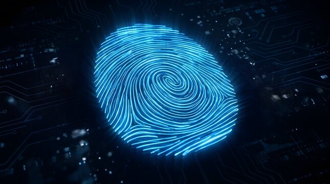 Glowing blue fingerprint scan on dark background with circuit board