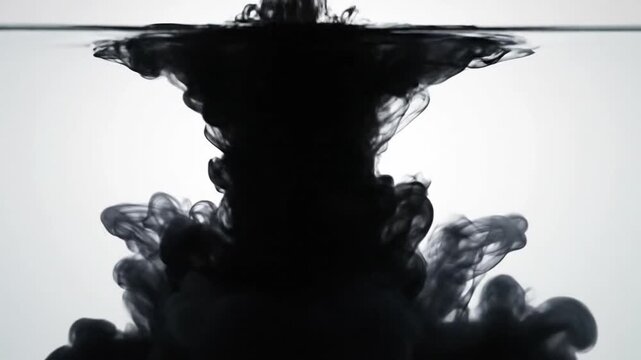 Single black ink cloud swirling in clear water