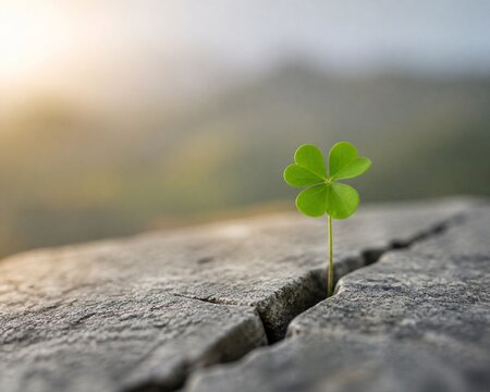 A single green clover growing from a crack in a gray stone.