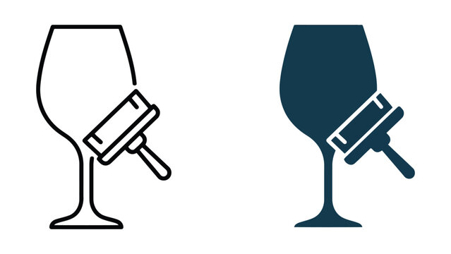 Wine glass cleaning tool squeegee vector icon set for barware maintenance and glass care concepts in outline and solid design styles
