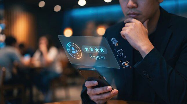 Identity Verification Concept: Person Using Phone for Passwordless Passkey Login with Floating Holographic Screen, Biometric Authorization Icons, and Secure Fintech Authentication Technology