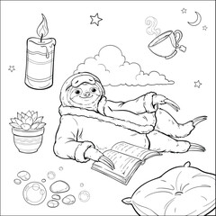 Fototapeta premium A cute sloth in pajamas reading a book promotes relaxation and personal wellness for International Self Care Day.