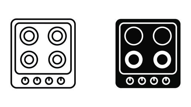 Kitchen stove top with four burners and control knobs icon set in linear and solid black vector style