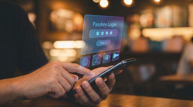 Identity Verification Concept: Person Using Phone for Passwordless Passkey Login with Floating Holographic Screen, Biometric Authorization Icons, and Secure Fintech Authentication Technology