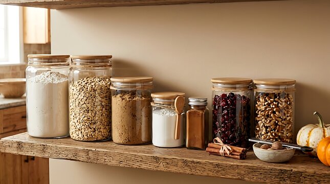 Glass storage jars with wooden lids filled with dry food ingredients on a rustic wooden shelf. fall baking essentials