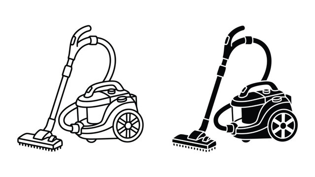 Modern canister vacuum cleaner household appliance vector icon set for cleaning services and home maintenance in outline and solid styles